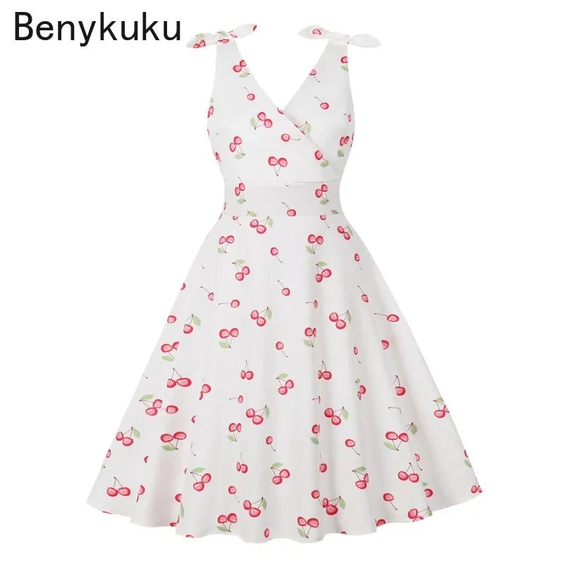 

Cute Cherry Print V-Neck 50s 60s Vintage Flare Dresses Elegant Holiday Birthday Party Dress Women Sleeveless Summer Clothes 2025