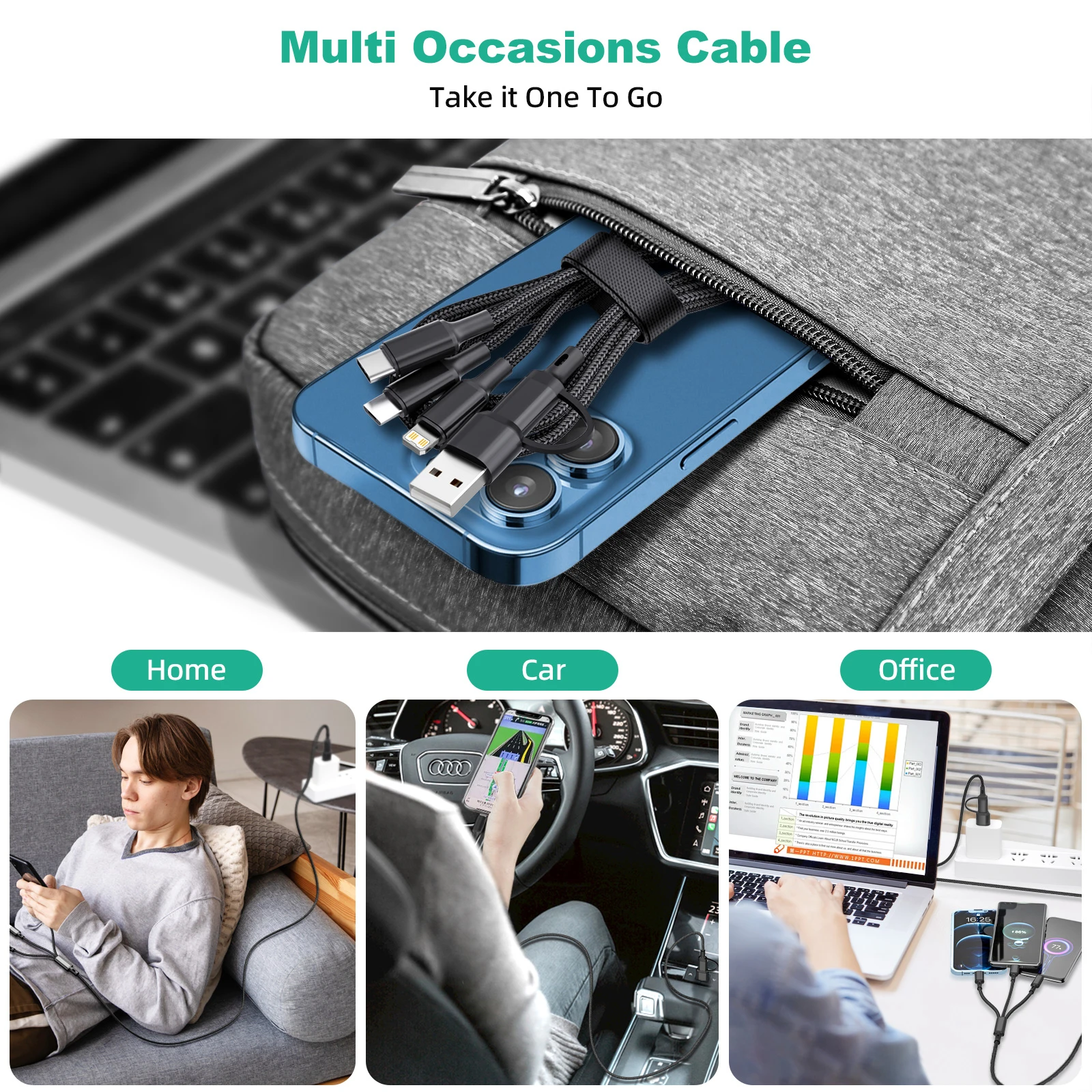 5 In 1 Fast Charging Cord For iPhone Huawei Micro USB Type C Charger Cable 1.2m Multi Usb Port Multiple Usb Charging Cord Line