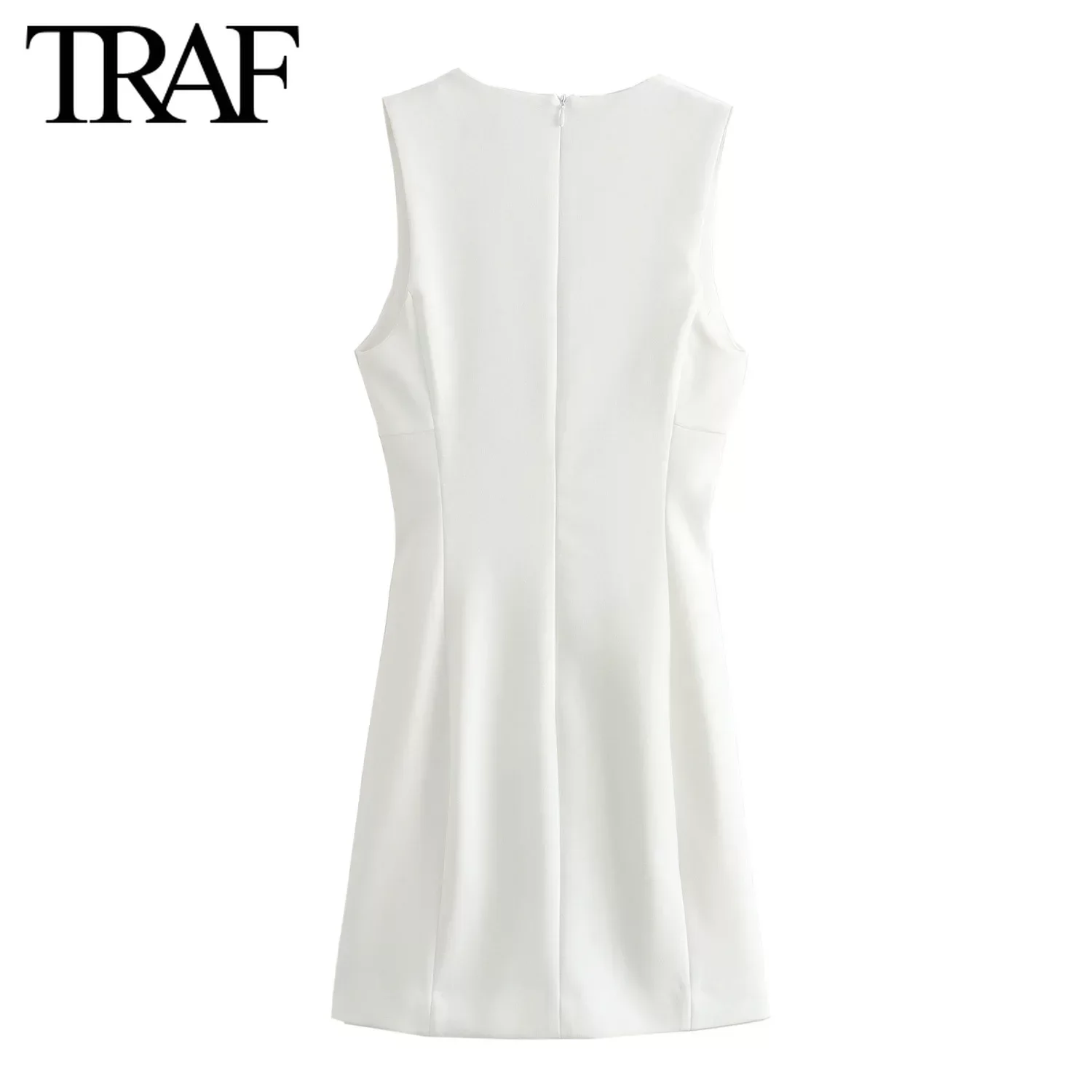 TRAF Fashion Clothing Sleeveless Back Zip Square Collar White Dress for Women Summer New French Chic Female Birthday Evening