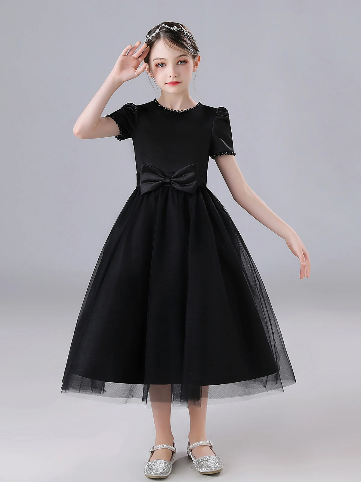 High end satin sheer black dress, formal party dress, children\'s and girls\' birthday concert, youth bridesmaid ，custom dress