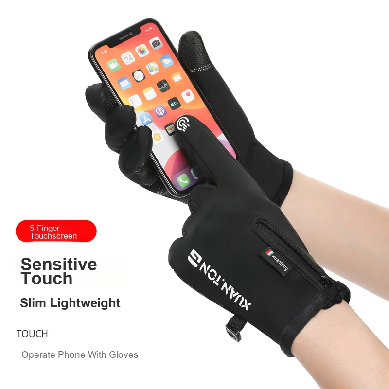 Outdoor Full Finger Gloves Water Resistant Windproof Fleece Lined Touchscreen Zippered for Cycling Skiing Mountaineering Winter