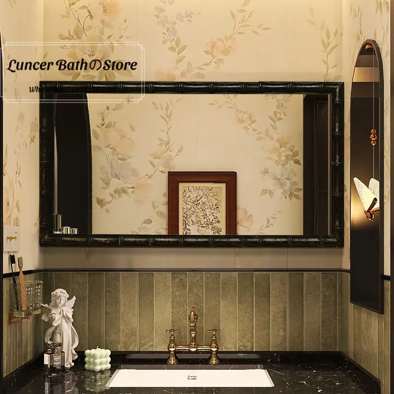 French-style vintage bathroom mirror, decorative mirror for the restroom, high-end bamboo-joint washbasin hanging mirror