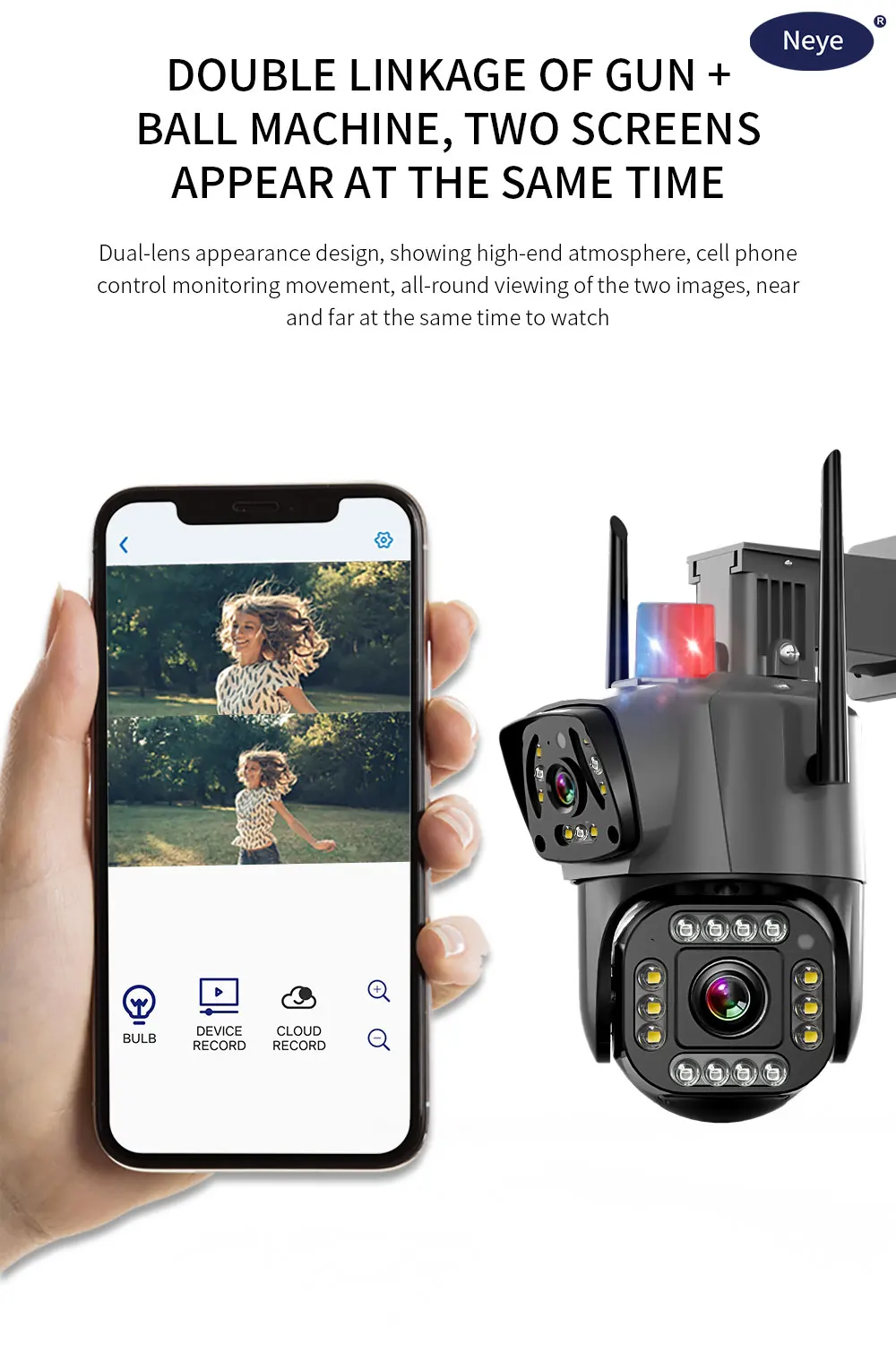 Neye K40 8MP/4K WiFi Intelligent Security Camera Outdoor Weather resistant Dual lens PTZ Camera Automatic Tracking CCTV Security