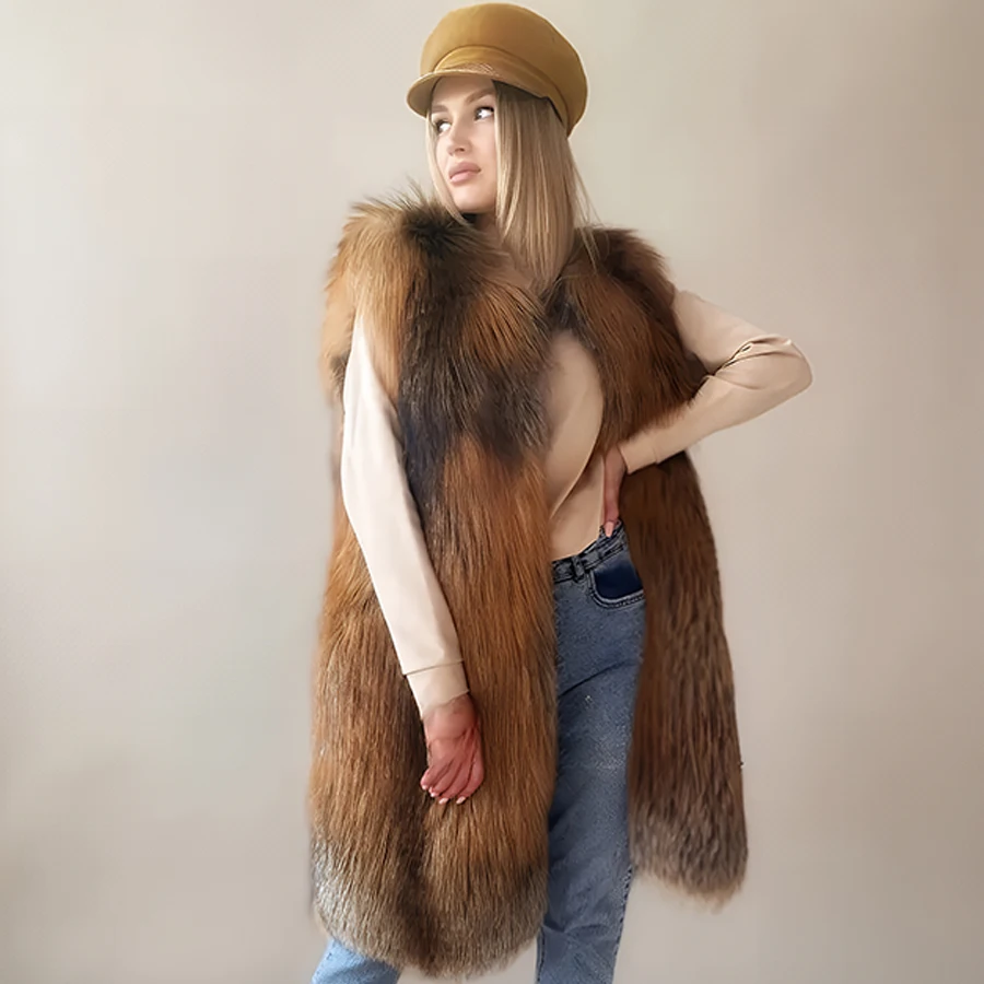 

Real Fur Vest Women Winter Jacket Collarless Genuine Fur Coat Long Natural Fox Fur Vest Fashion Luxury Red Fox Fur Gilrt