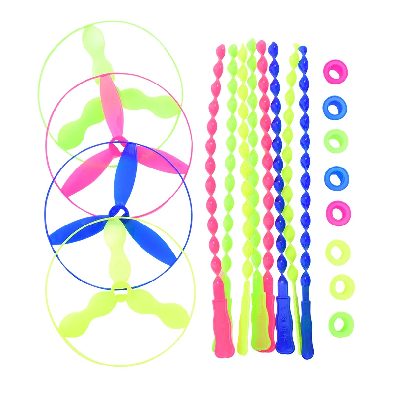 10pcs Colorful Twisty Flying Saucers Colorful Bamboo Dragonfly Plastic Hand Push Flying Toys Birthday Party Favors Goodie Filler