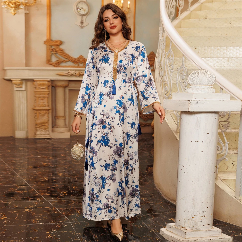 

Muslim Graphic Print Dress Elegant Tunic Maxi Abaya V-Neck Tassel Clothes Modest Dresses For Women Evening