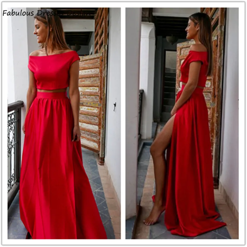 Vestidos de dama de honor de sirena roja de dos piezas para mujer, vestido de fiesta de boda con cuello redondo, manga de casquillo, línea a larga, vestido de Graduación