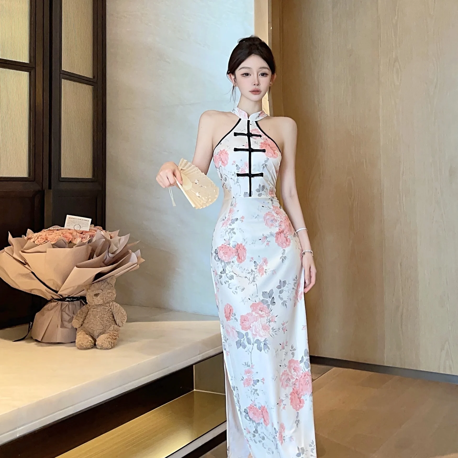 Novo chinês sle reunido menina ne pendurado split impresso dr verão 2025 na moda saia vintage longo