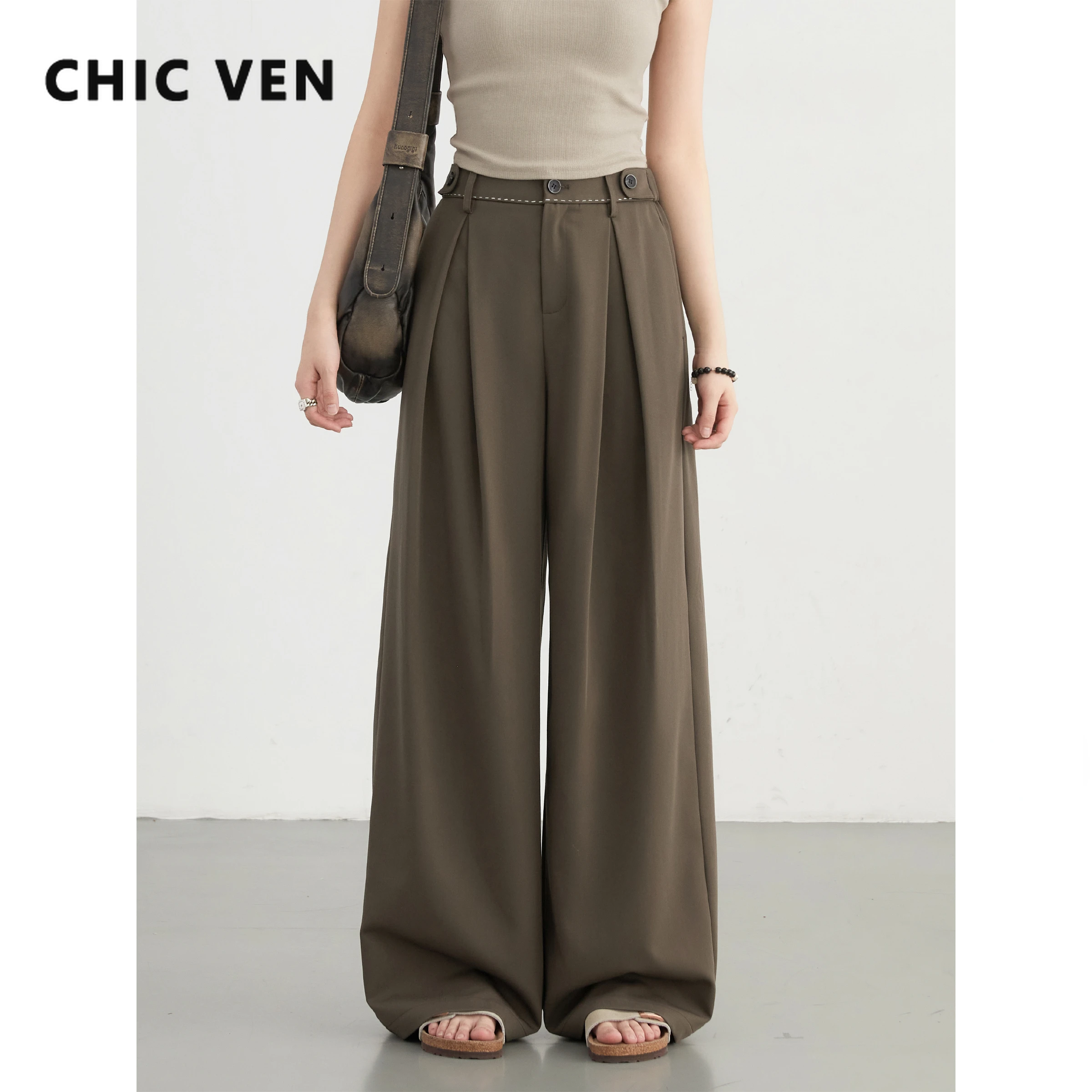 

CHIC VEN Women Pants Casual New Loose High Waisted Contrasting Stitching Suit Female Trousers Wide Leg Pants Autumn 2024