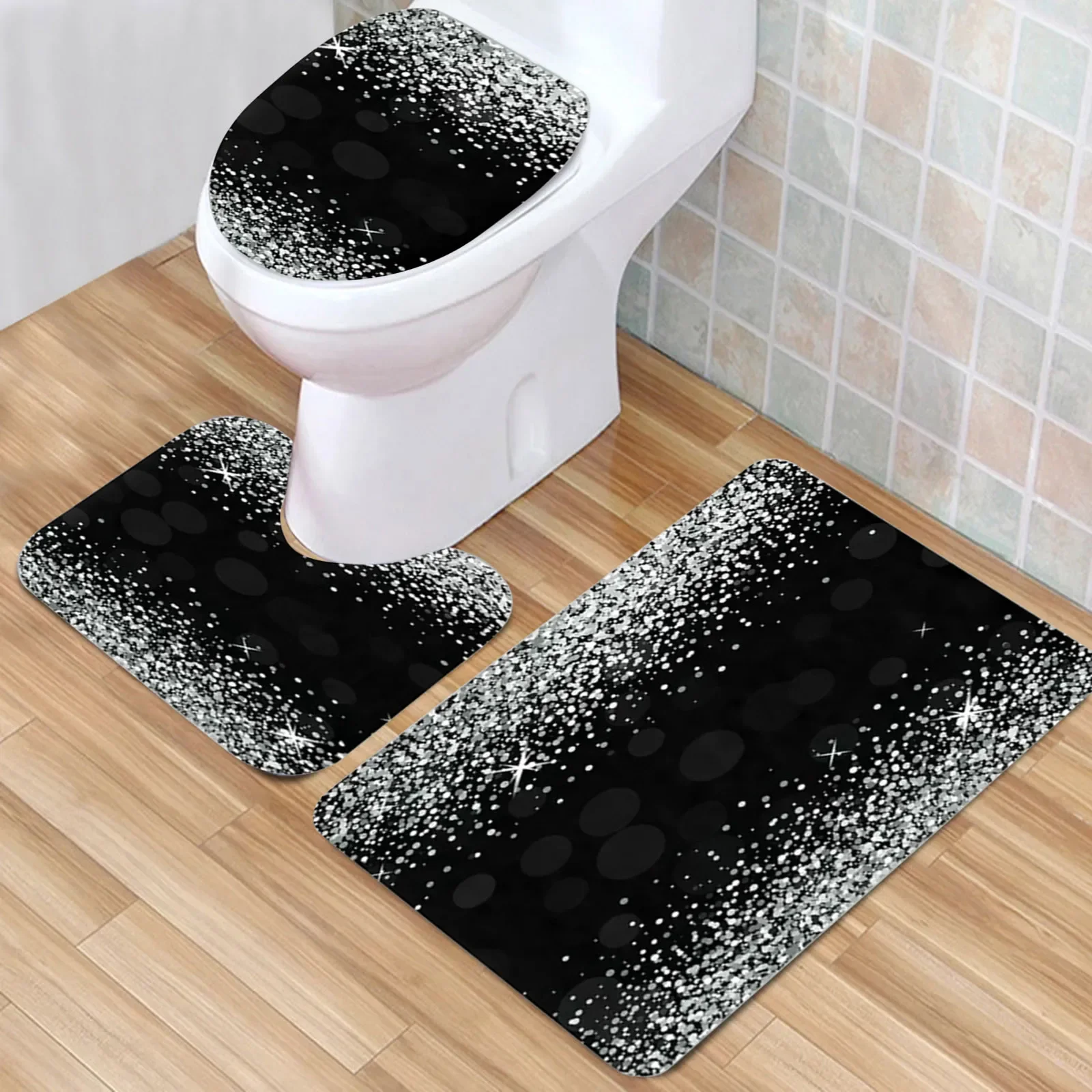 

Shiny Silver Glitter Black Bathroom 3Pcs/set Mats Home Flannel Decorations and Accessories Floor Rugs Toilet Cover 40*60/50*80CM