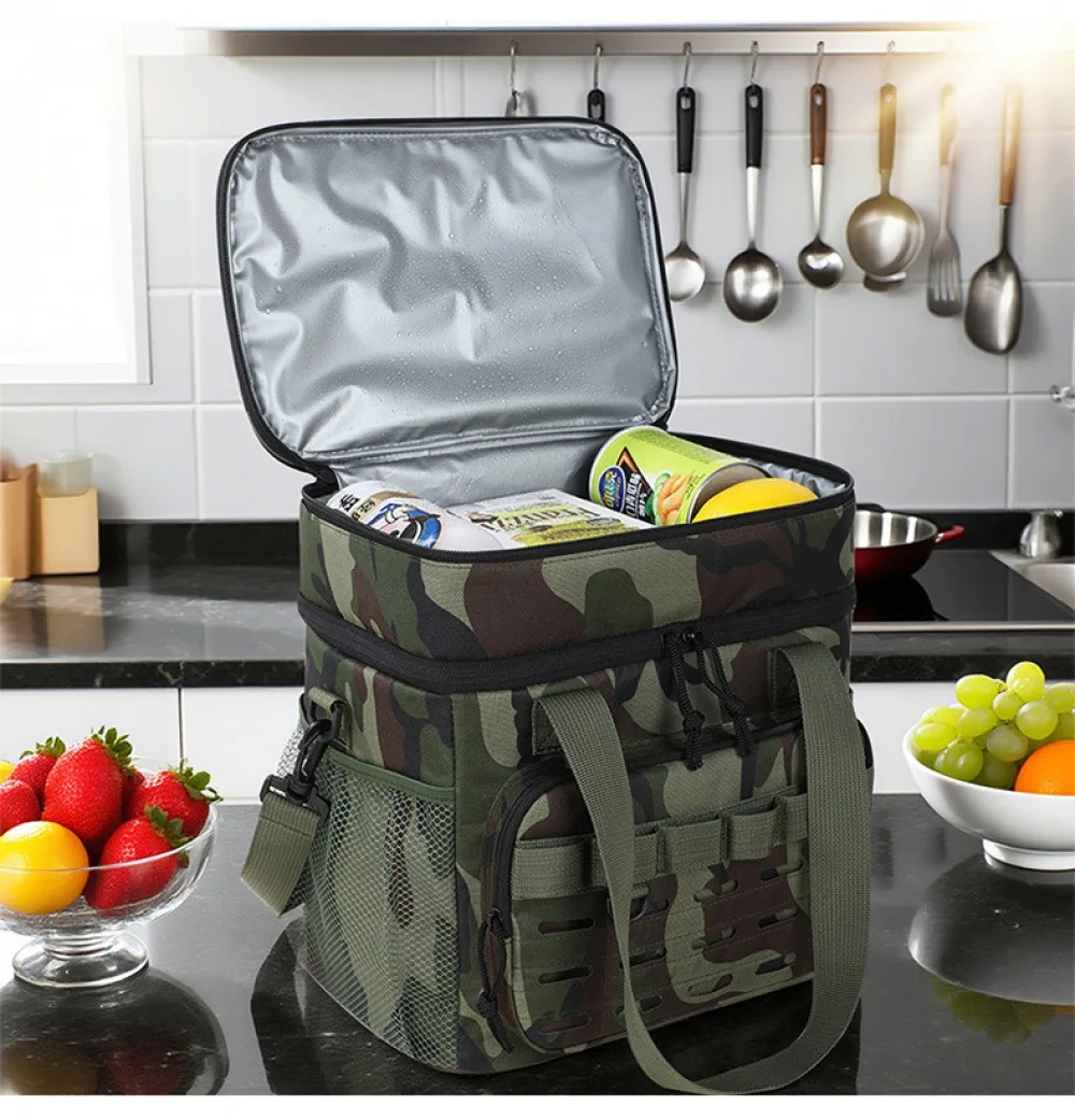 Double-layer insulated bag, camouflage outdoor ice bag, cold-keeping and fresh-keeping, large-capacity waterproof picnic bag, po