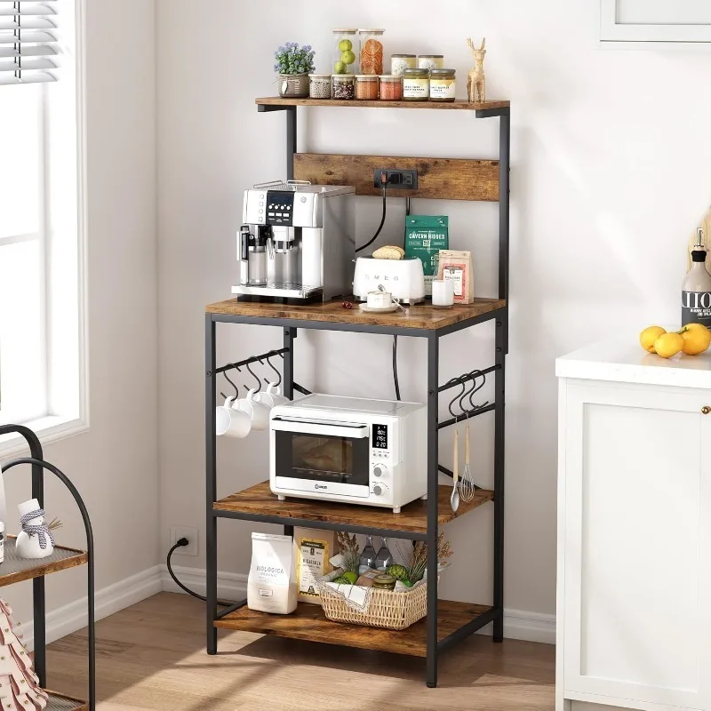 Kitchen Rack with Power Outlet, Coffee Bar Table 4 Tiers, with 6 S-shaped Hooks, Storage Shelf Rack for Spices, Pots and Pans