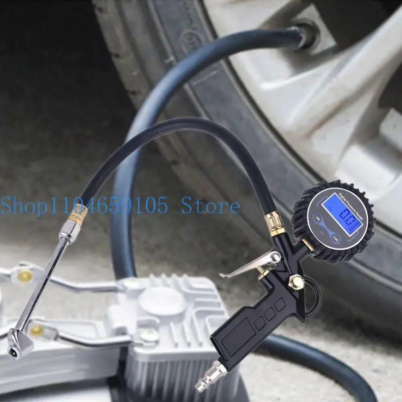 652F Auto Digital Tire Inflator Pressure Gauge LED Display Tyre Deflator Gage with Dual for Head Chuck Rubber Hose Fitting