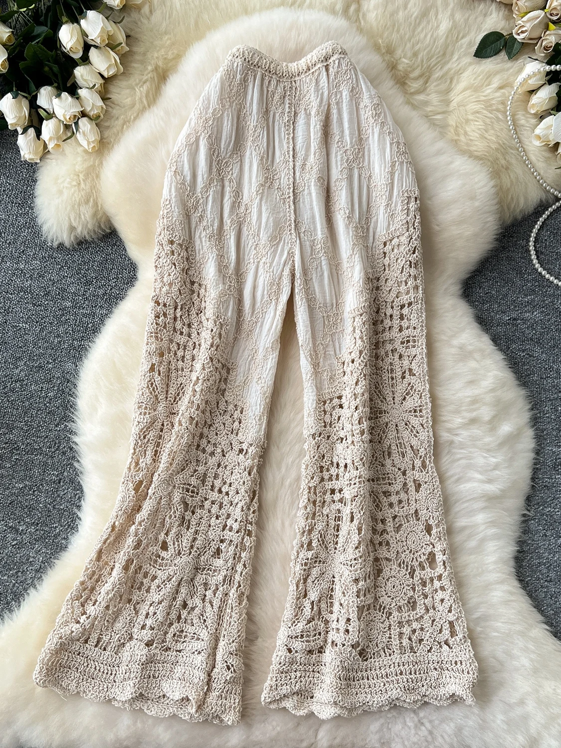 Coreano Sle pesante ricamo cavo lavorato a maglia patchwork a vita alta pantaloni casual a gamba larga donna estate dimagrante spiaggia Tro...