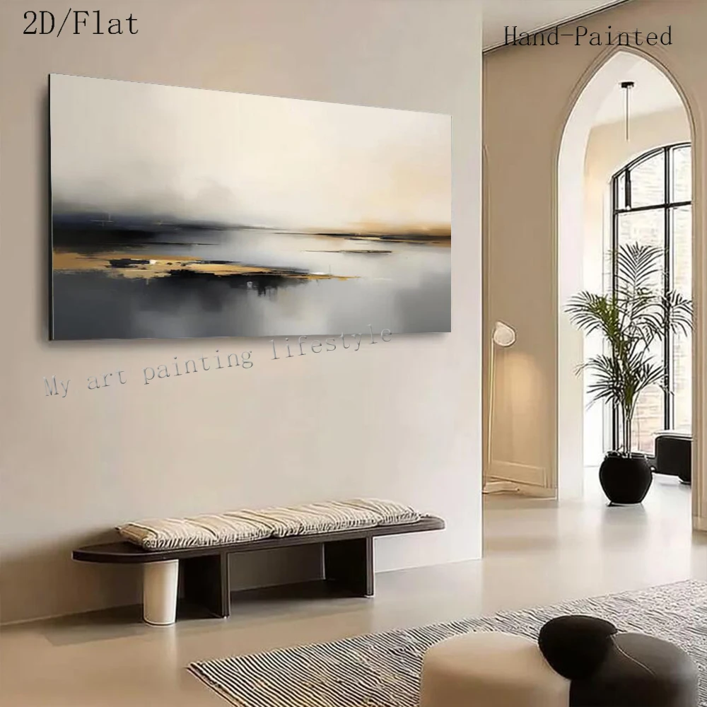 Grande Peinture à l'Huile Abstraite Dessinée à la Main, Vue sur la Mer Dorée, Tableau Mural Original, Peinture Murale Épaisse pour Décoration de Salon à Domicile