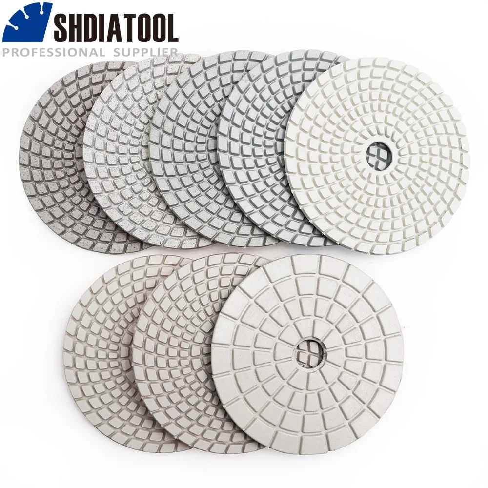 SHDIATOOL 8pcs 100mm Diamond Wet Flexible Polishing Grinding Pads Granite Marble White Resin Bond 4inch Sanding Discs M14 Backer