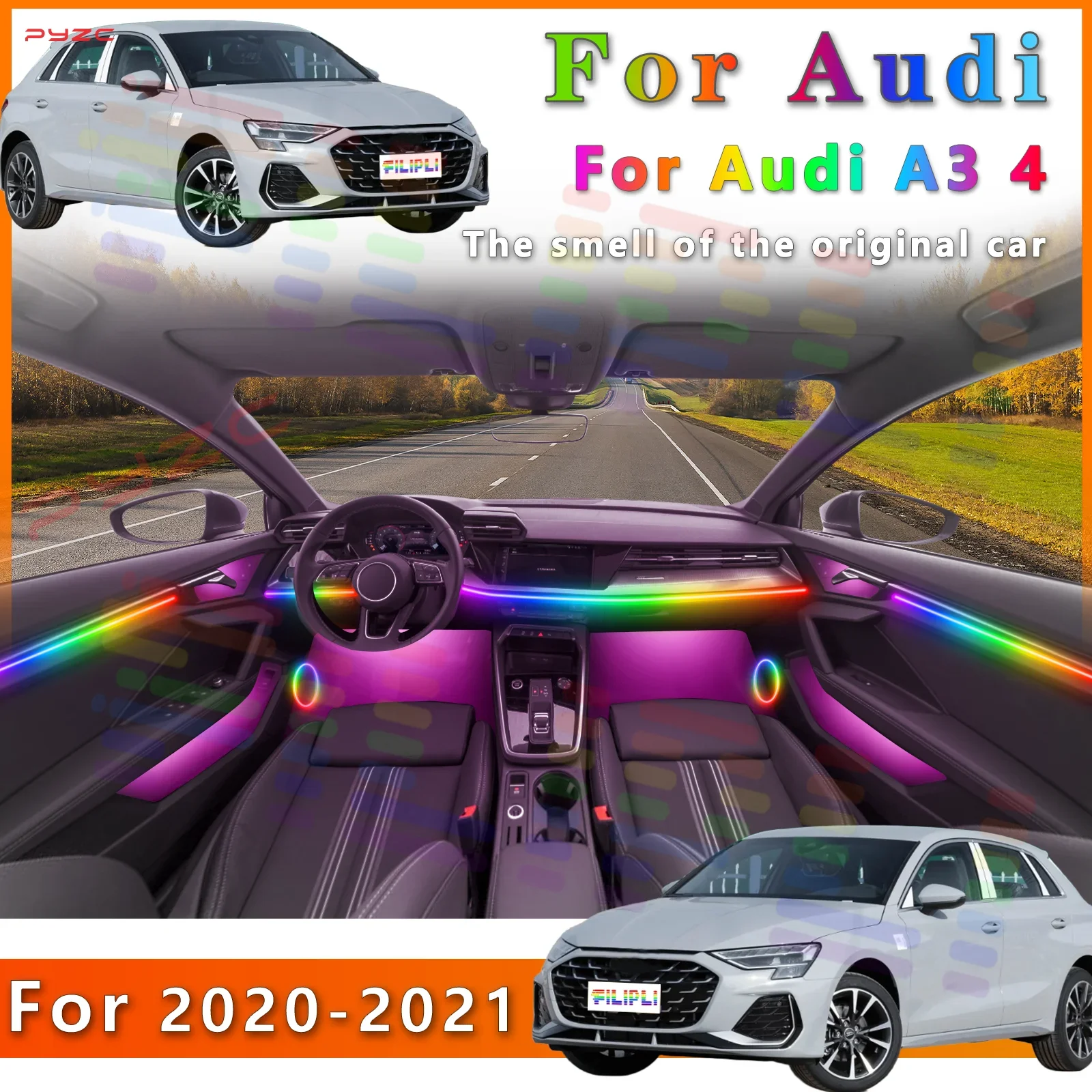 

Для Audi A3 4 Автомобильная светодиодная 64-цветная RGB симфоническая внутренняя световая полоса для улучшения окружающей среды - повышение вождения окружающей среды