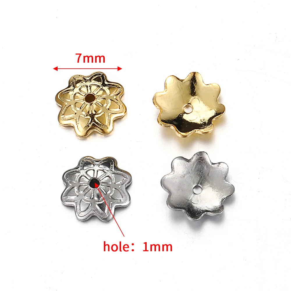 50pcs 7mm Gold Color Stainless Steel Flower Bead Caps For Jewelry Making Needlework Spacer Bead Caps DIY Accessories