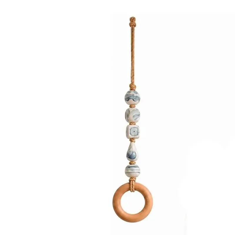 ABKJ-Beaded Towel Hanger With Wooden Ring Decorative For Bathroom Wall, Boho Style Farmhouse Rack Five White Beads