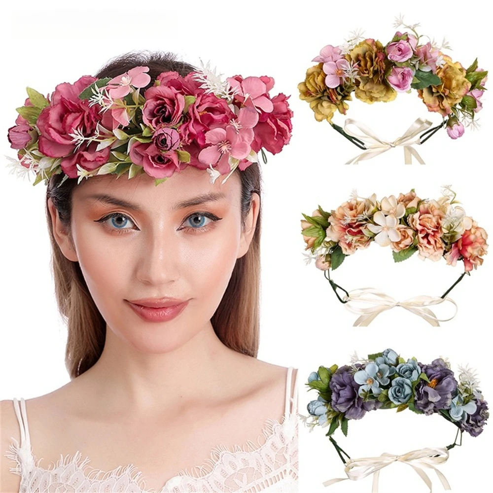 

Adjustable Flower Wreath Headdress Bohemian Bridal Girl Rose Flores Head Hoop Beach Hawaii Artificial Floral Garland Tiara Crown