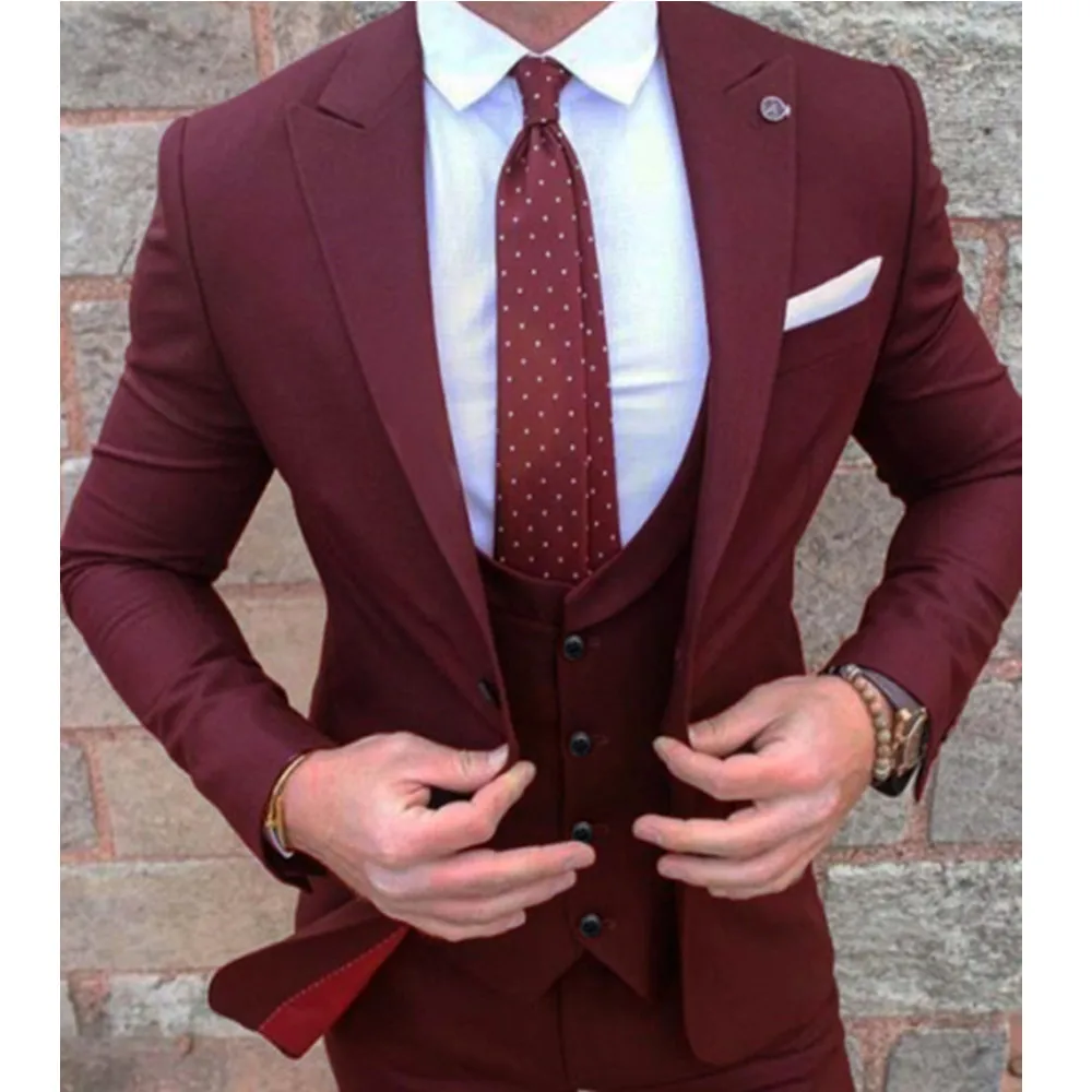 

Latest Slim Fit Burgundy Men Suit Prom Business Suits Groom Tuxedos Men Wedding Suits Terno Masculino 3PCS(Blazer+Pants+Vest)