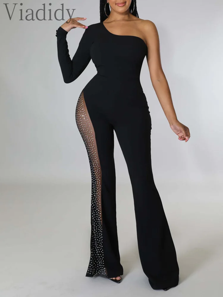 

Women Sexy Solid Color One Shoulder Sheer Mesh Spliced Rhinestone Decor Flare Leg Jumpsuits