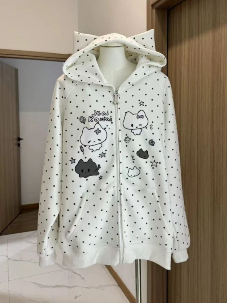 Autumn Winter Sweet Cute Cat Ear Hooded Hoodie Women Casual Kawaiii Polka Dot Print Design Coat Elegant Fashion Loose Jacket New - view 6