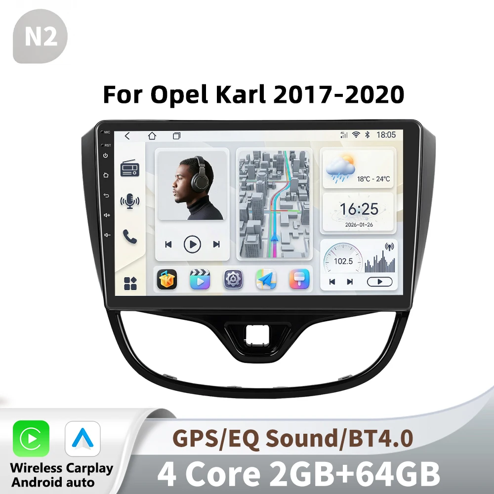 Podofo 2 Din Carplay zonder draad Android Autoradio multimedia videospeler voor Opel Karl 2017-2020 GPS Navigatie 2din Auto stereo