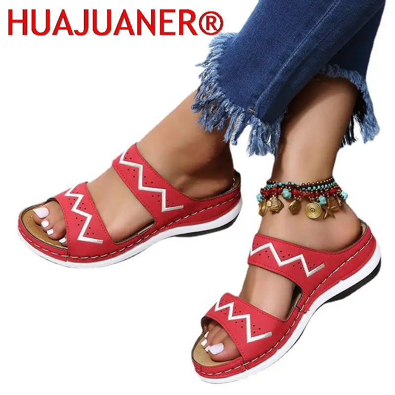 

Женские ортопедические сандалии на танкетке, повседневные босоножки из искусственной кожи, на платформе, с открытым носком, в стиле ретро, большие размеры до 43, лето 2023