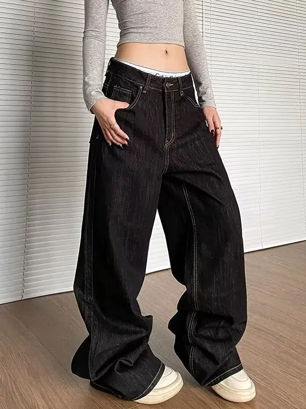 Jeans Americanos Retro de Perna Larga para Homens e Mulheres, Calças Soltas até o Chão, Estilo High Street de Primavera e Out...