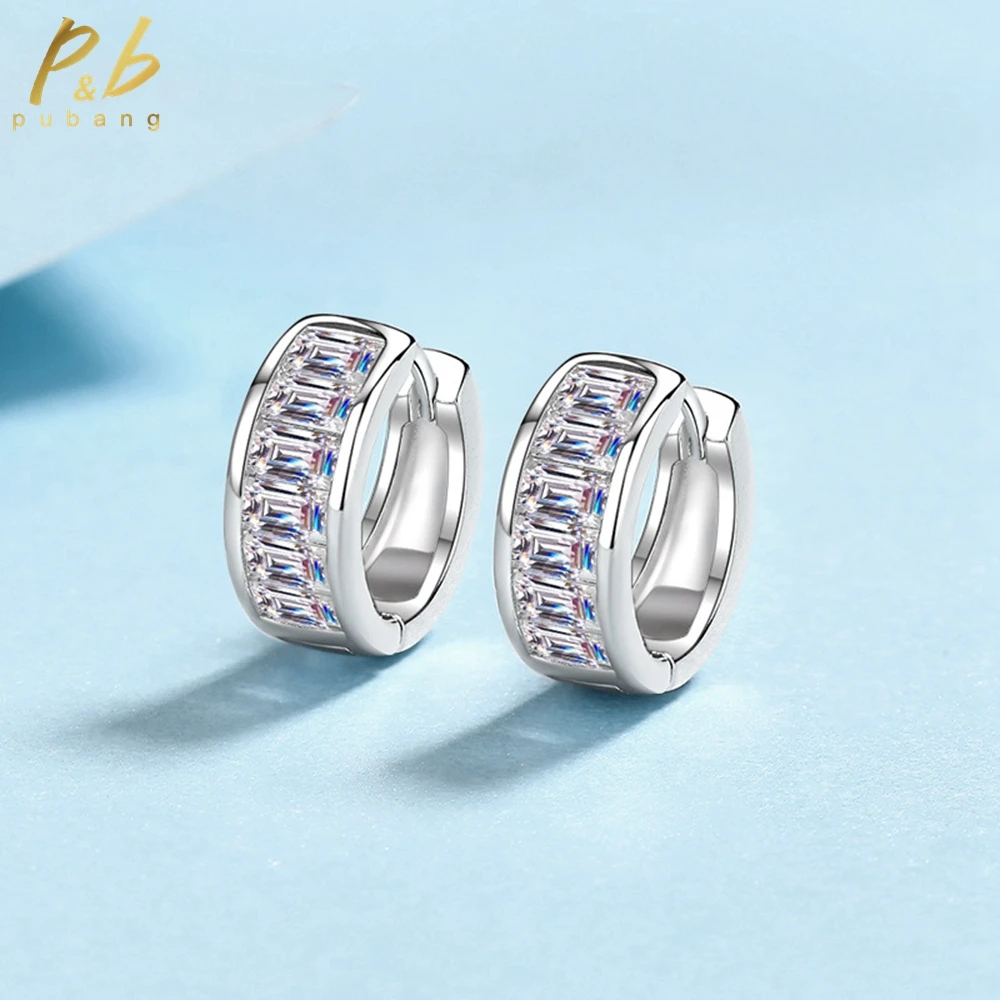 

PuBang Fine Jewelry 925 Sterling Silver Luxury Baguette Real Moissanite Diamond Hoop Earrings for Women Party Gift Free Shipping