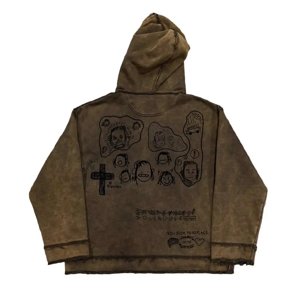 Man Hoodies 2025 Vintage Full Body Graffiti High-end Distressed Washed Destroyed Hooded Sweatshirt
