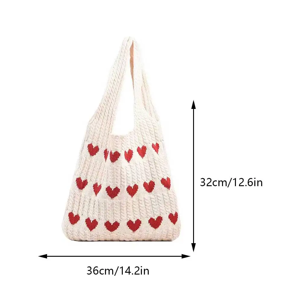 Women Knit Love Tote Bag Color Blocking Lightweight Handbag Large Capacity Crochet Satchel Bag Top Handle Bag Commuting Bag