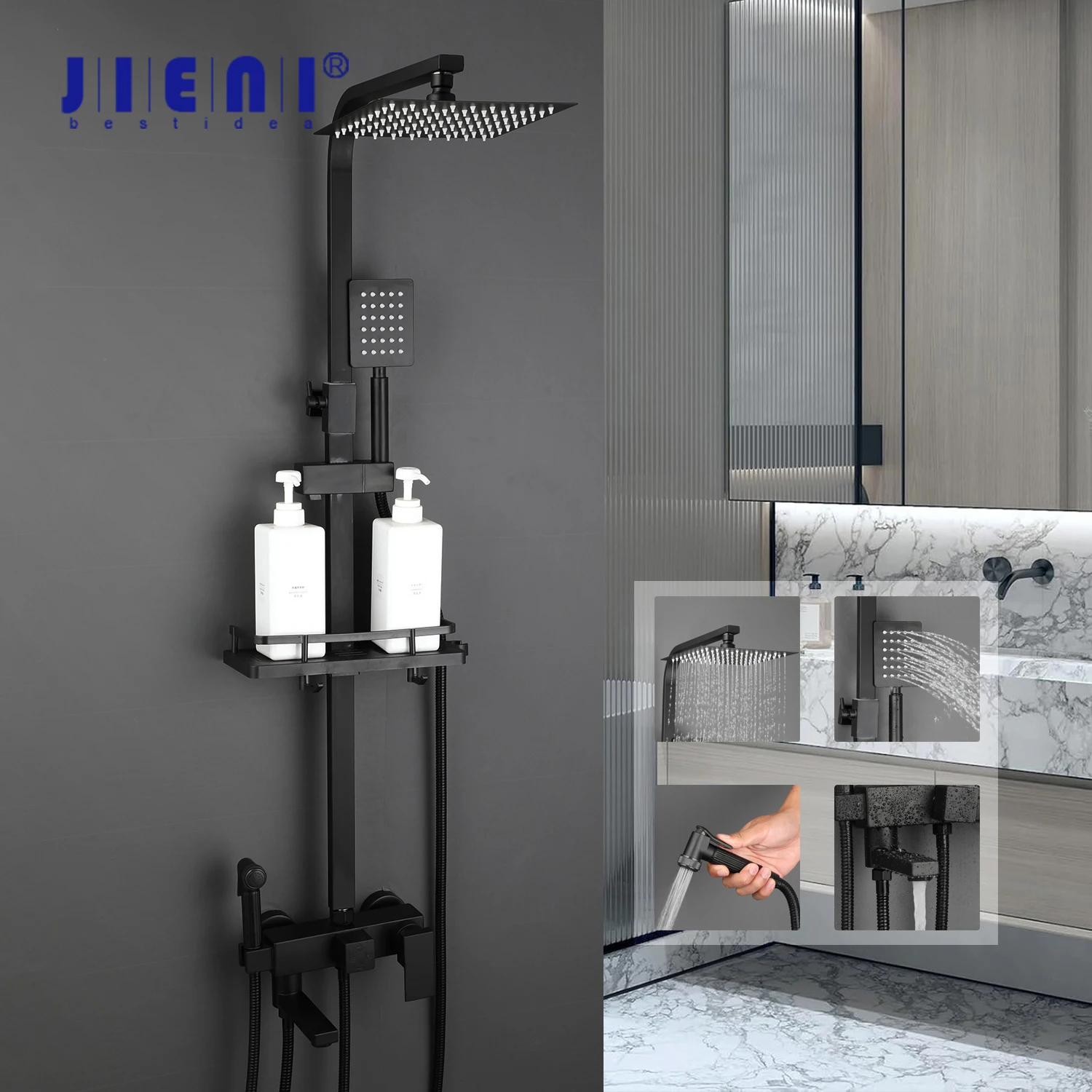 

JIENI Rainfall Bathroom Shower Faucet Set 8~12 inch Ultra-thin Shower Head 4 Ways Brass Bath Cabin System W/ Commodity Shelf