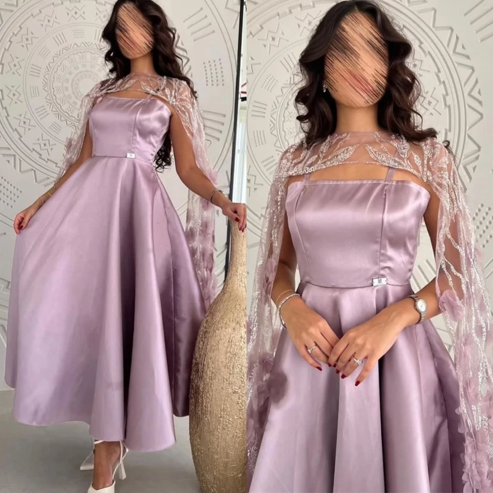 Customized Spaghetti Straps Shawl Appliques Satin A-Line Classic Evening Dress Elegant Party Dresses Special Occasion Gowns