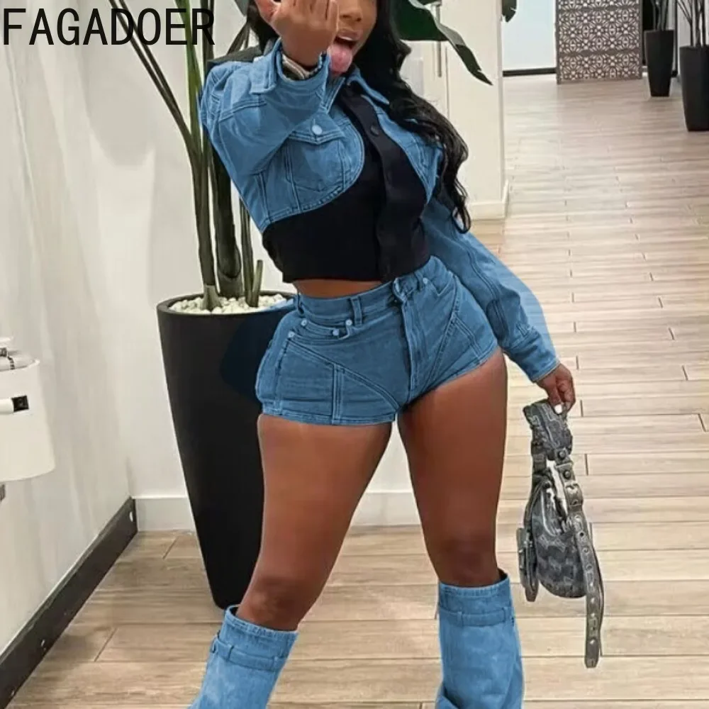 FAGADOER Fashion Y2K Streetwear Women Patchwork Denim Elastic Slim Top And Shorts Two Piece Set Casual Female Cowboy 2pcs Outfit