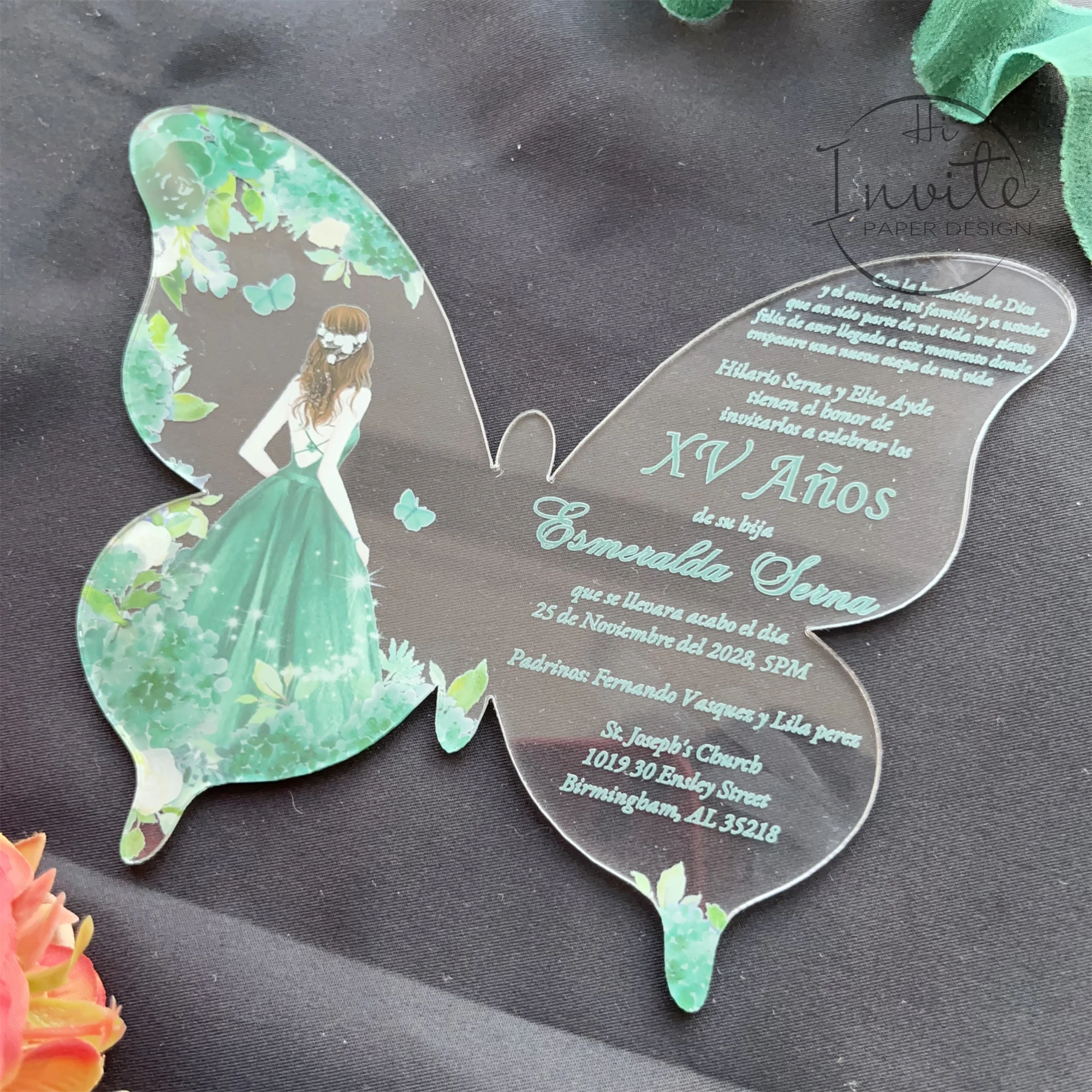 Emerald Green Butterfly And Floral Quinceañera Invitation, Sweet 16 Invite, Personalize Modern Mis Anos Invite