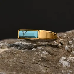 Natural Stone Signet Stainless Steel Ring For Men Women, Unisex Gold Plated Jewelry Dad Boyfriend Valentine's Day Gift