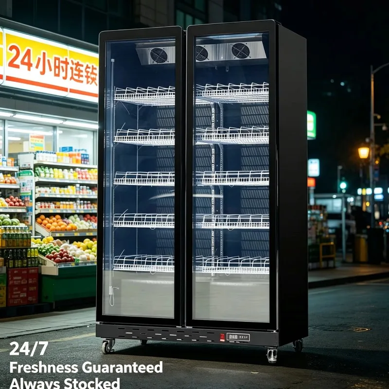 Luxury Frost-Free Glass Door Refrigerated Display Cabinet Lockable Upright Cooler for Supermarket Drinks and Fresh Food Display