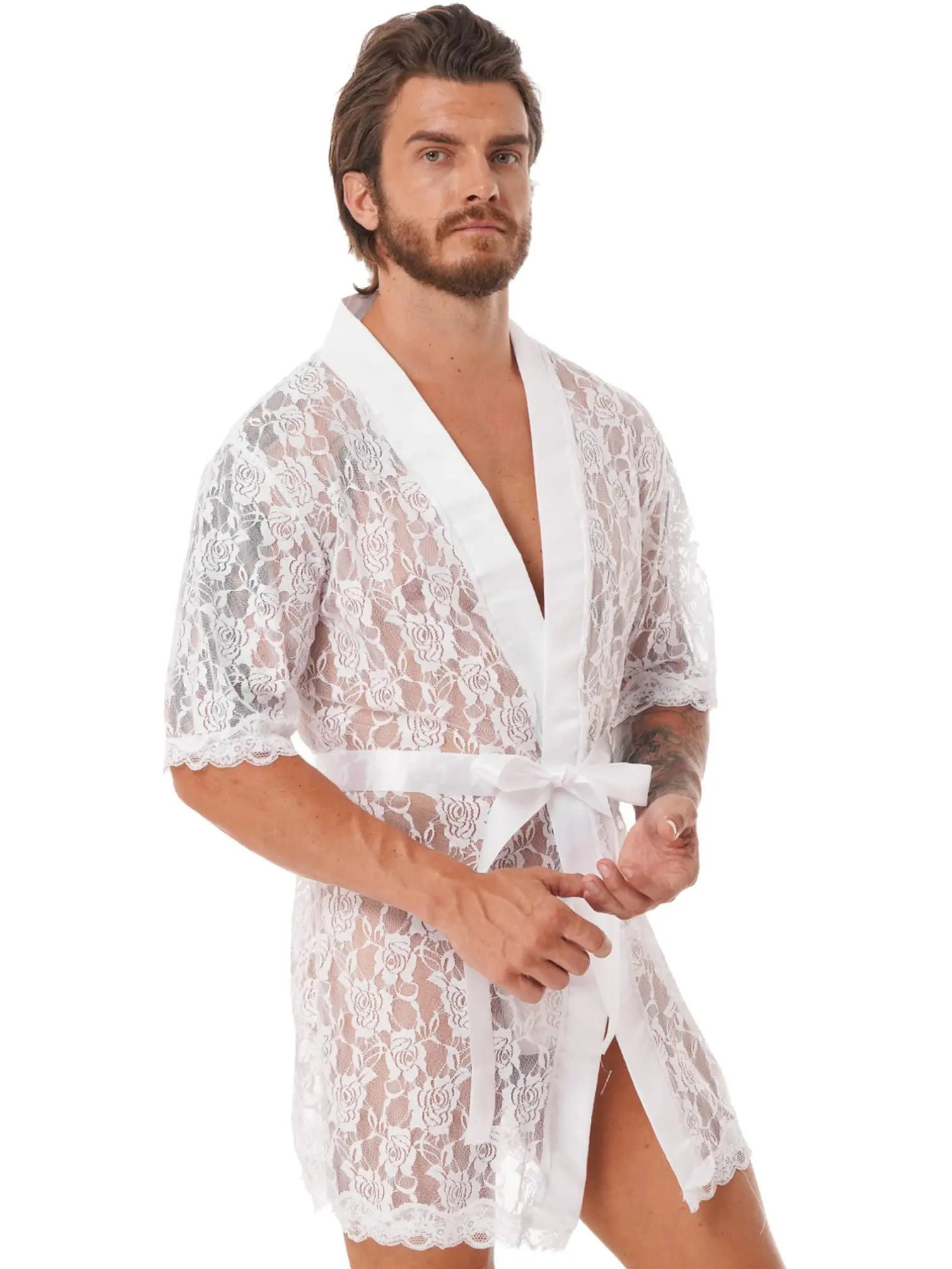 男性のセクシーなレースのナイトガウンシアーホワイトシースルースリープシャツ半袖花刺繍部屋着夏のコンフォートパジャマ