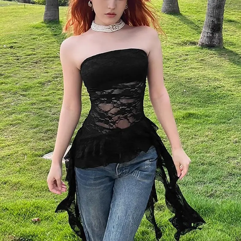 الحلو مثير غير النظامية غير المتماثلة سليم تانك القمم Y2k Harajuku الدانتيل تي شيرت المرأة أسود أبيض القمم كشكش لطيف مشد الأعلى العصرية جديد #6