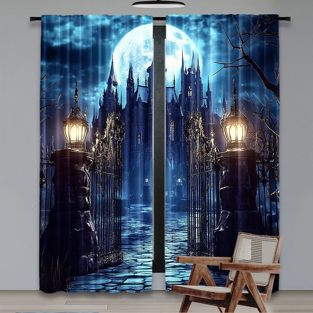 2Pcs Curtain Scary Castle Full Moon Night Spooky Gothic Horror Haunted Mansion Mysterious Magic Cool Suitable For Living Room