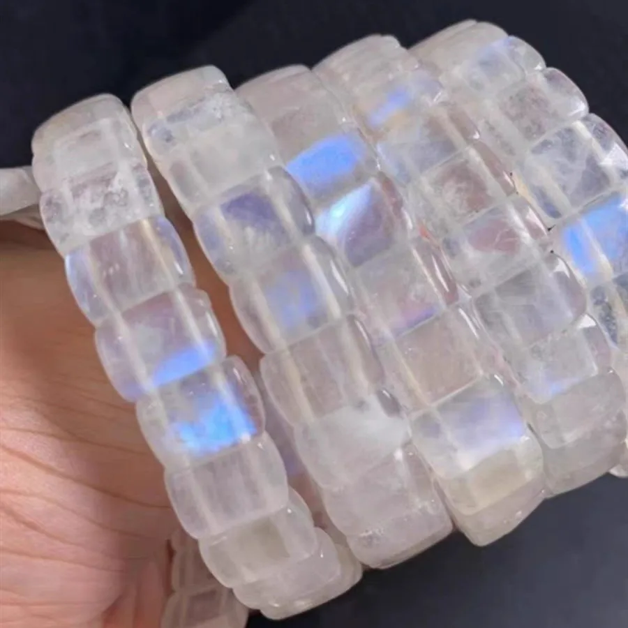 Natural Blue Light Moonstone Carved Clear Rectangle Beads Bracelet 12x8mm Women Men Jewelry Moonstone Beads AAAAA