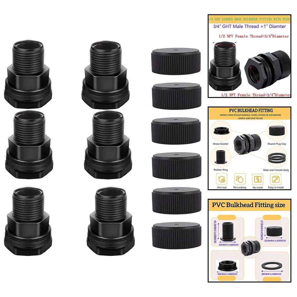 Reliable Plastic Bulkhead Fitting Set of 6 for Easy Installation in Water Tanks with Standardized Thread Sizes
