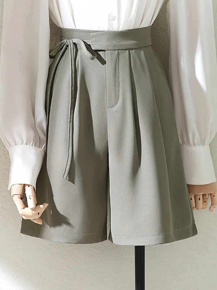 한국 스타일 하이 웨이스트 스트레이트 레그 와이드 레그 팬츠 캐주얼 짧은 바지 얇은 5 점 여성 여름 신착