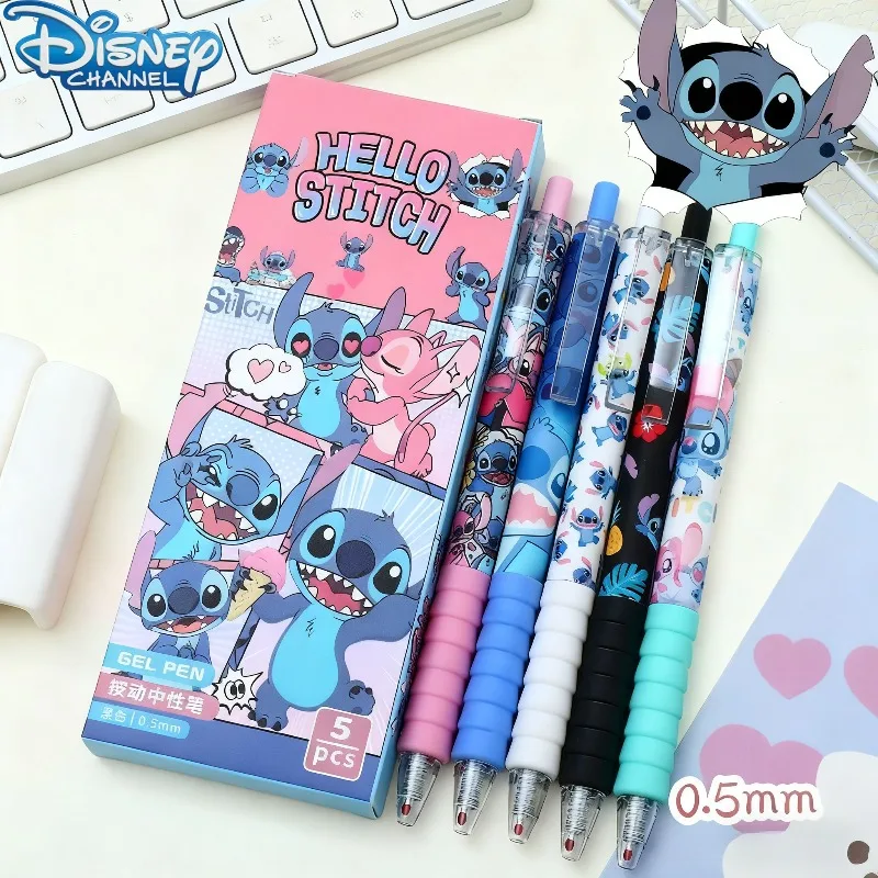 Stylos à Gel point mignon, 5 pièces, périphériques de dessin animé Disney, fournitures scolaires, papeterie Kawaii Lilo et point, stylo à clic de 0.5mm, cadeau