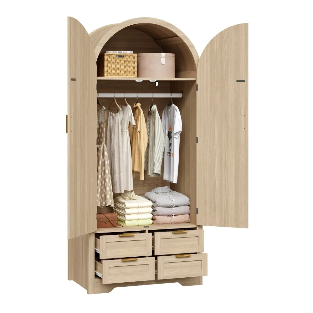 PINGGO Moderner Kleiderschrank mit Gebogenen Türen Großzügiger Stauraum Kleiderstange Schubladen Luxuriös für Schlafzimmer Eingangsbereich – Detail 13