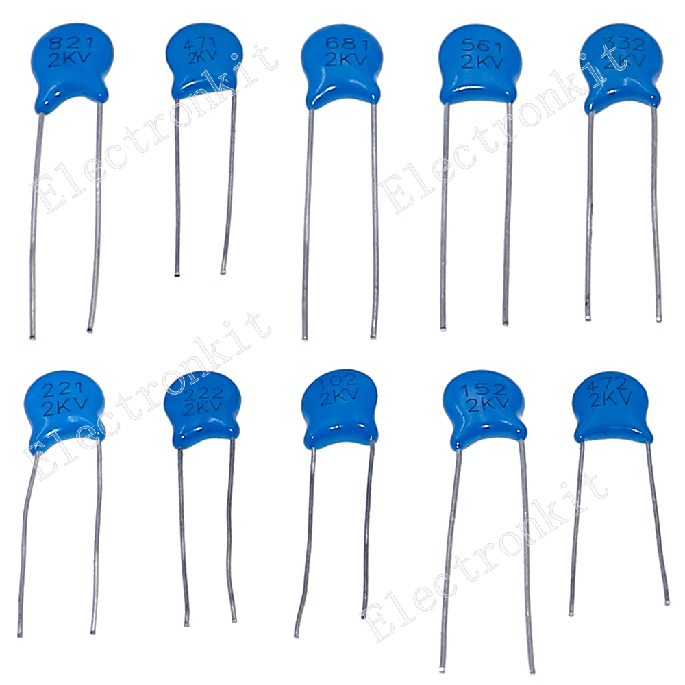 100pcs 10value 2KV high voltage ceramic capacitor Assortment Mixed pack kit 102K 152K 221K 222K 332K 471K 472K 561K 681K 821K