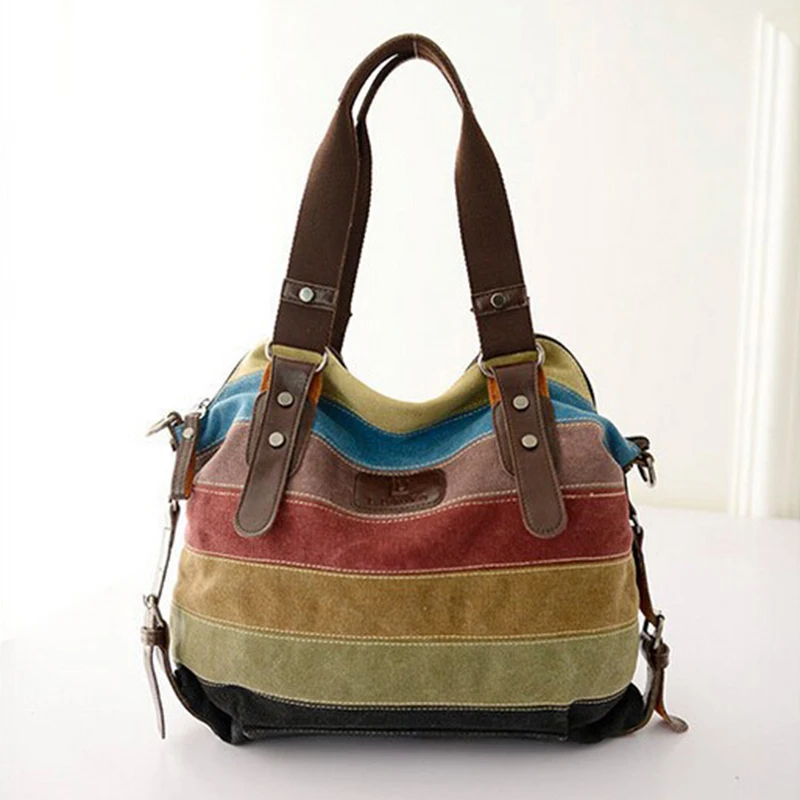 Canvas-Tragetaschen, gestreifte Damenhandtasche, Patchwork-Regenbogen-Umhängetasche, modische weibliche lässige Umhängetasche – Detail 13