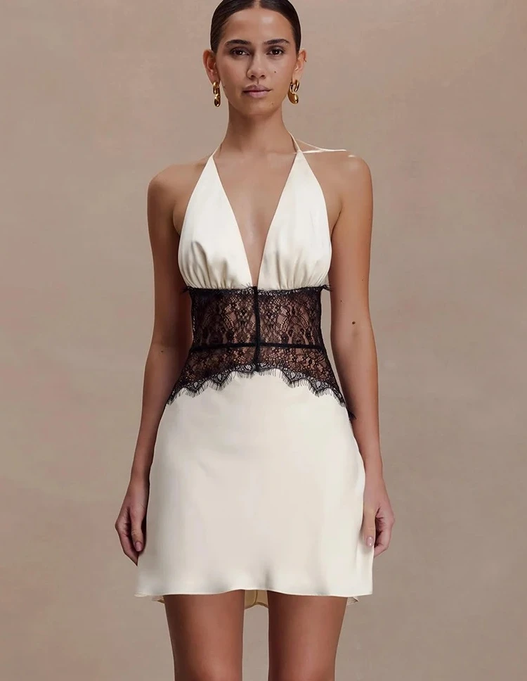 Vestido de noche de satén para mujer, minivestido de fiesta ajustado con espalda descubierta y cuello Halter de retazos de encaje, ropa de fiesta de noche de corte A